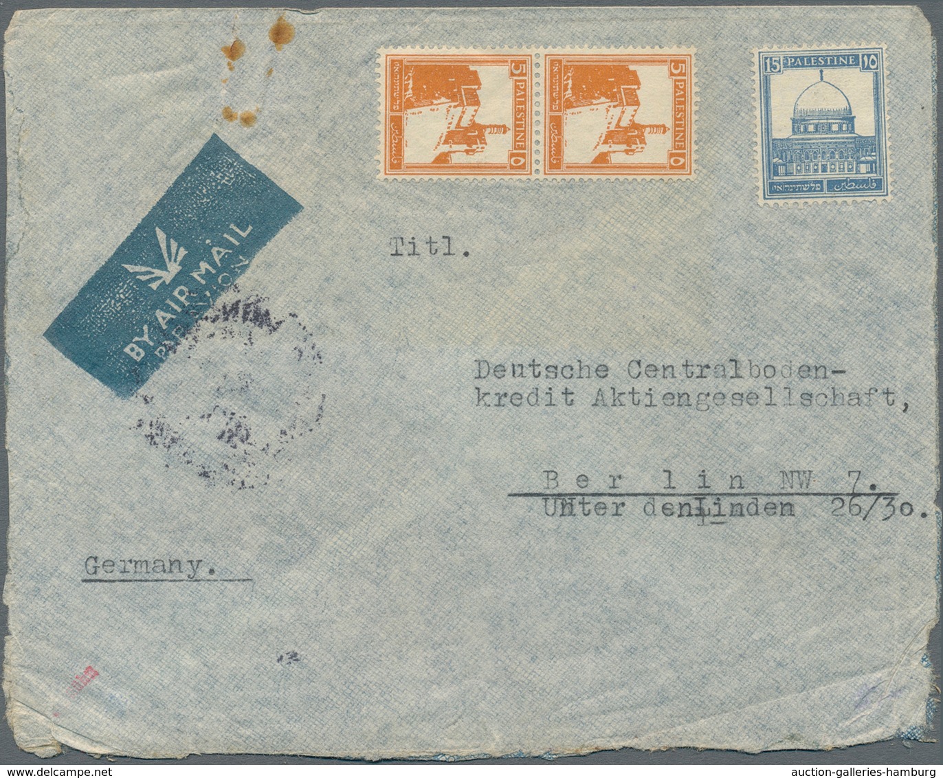 Katastrophenpost: 1937, Imperial Airways: Palestine, 2 X 5 M And 15 M Definitives, Mixed Franking On - Otros & Sin Clasificación