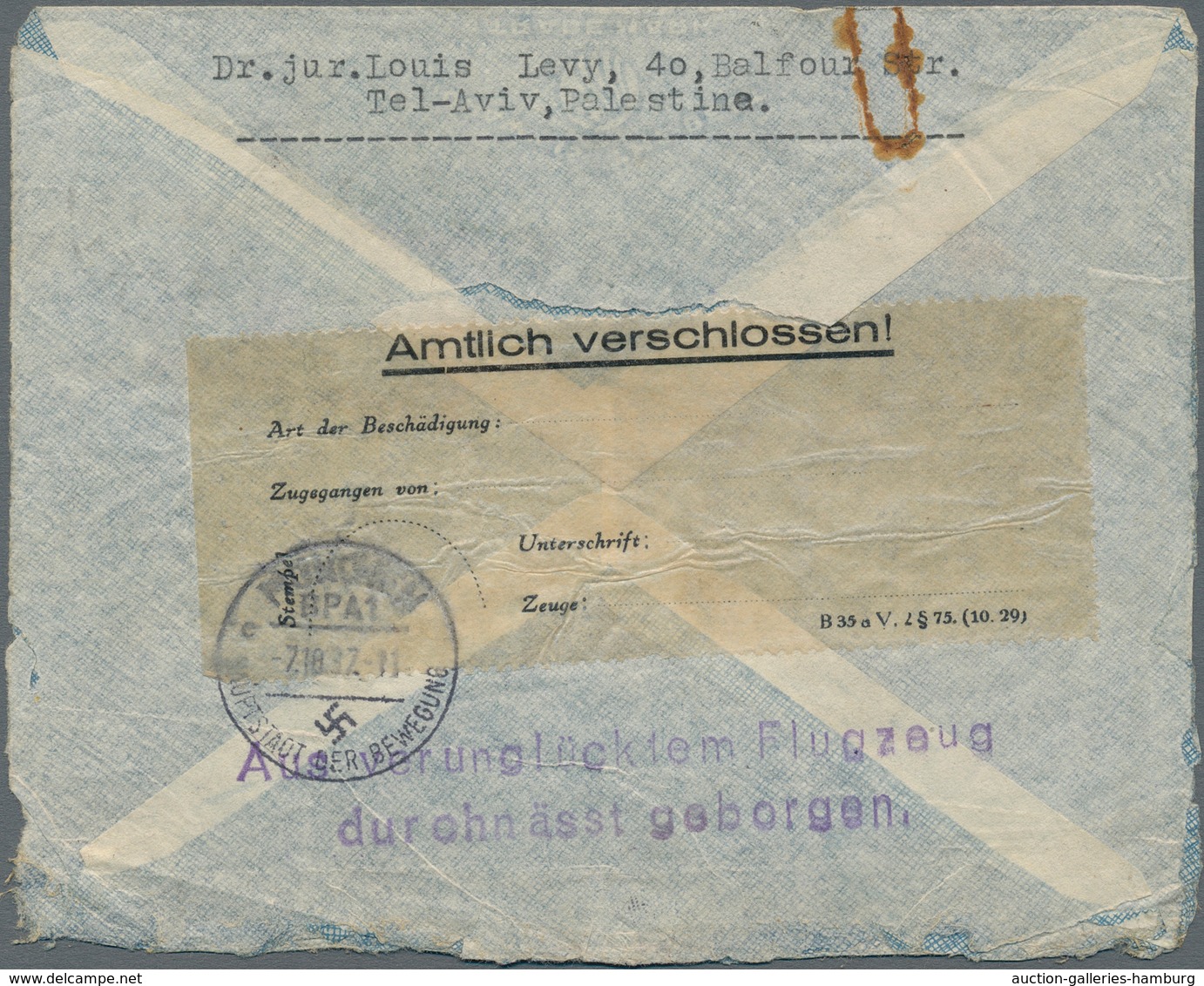 Katastrophenpost: 1937, Imperial Airways: Palestine, 2 X 5 M And 15 M Definitives, Mixed Franking On - Other & Unclassified