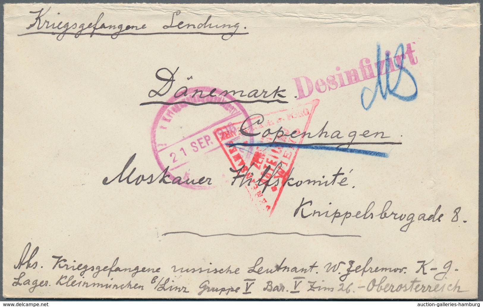 Disinfection Mail: 1916, POW Cover Of A Russian Lieutenant At Camp Kleinmünchen/Austria, Circular Ca - Otros & Sin Clasificación