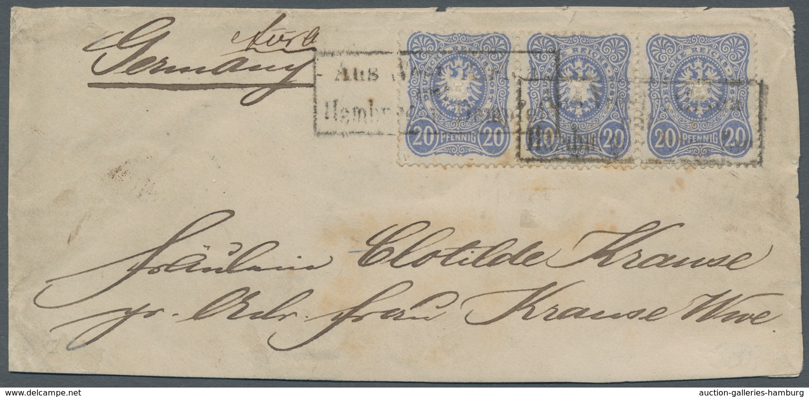 Schiffspost Deutschland: 1885 (ca.), Pfennig-Ausgabe 20 Pfg. Waagerechter Dreierstreifen Auf Briefte - Cartas & Documentos