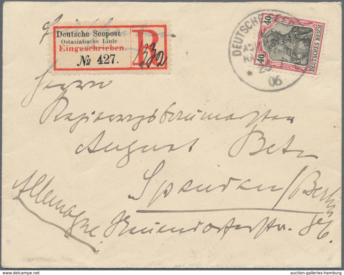 Deutsche Schiffspost Im Ausland - Seepost: 1906, 40 Pf Germania, Einzelfrankatur Auf Einschreibebrie - Other & Unclassified