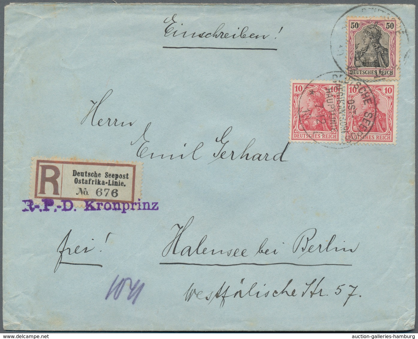 Deutsche Schiffspost Im Ausland - Seepost: 1910, 2 X 10 Pf U. 50 Pf Germania, MiF Auf Einschreibebri - Otros & Sin Clasificación
