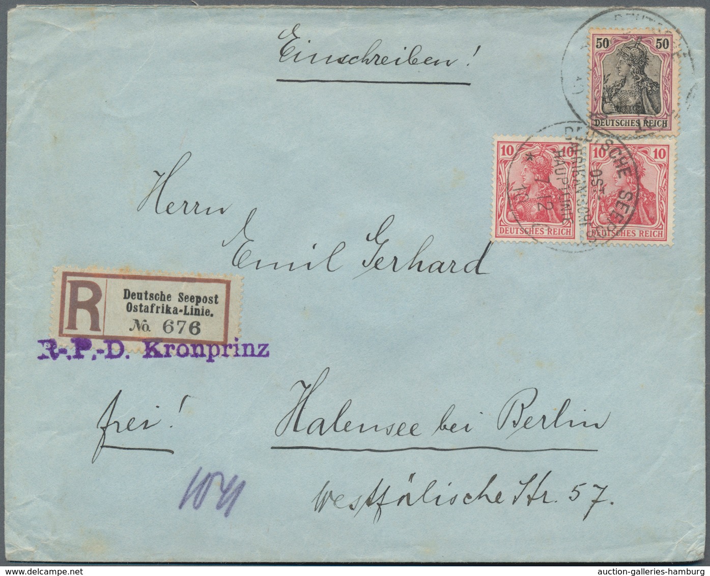 Deutsche Schiffspost Im Ausland - Seepost: 1910, 2 X 10 Pf U. 50 Pf Germania, MiF Auf Einschreibebri - Autres & Non Classés