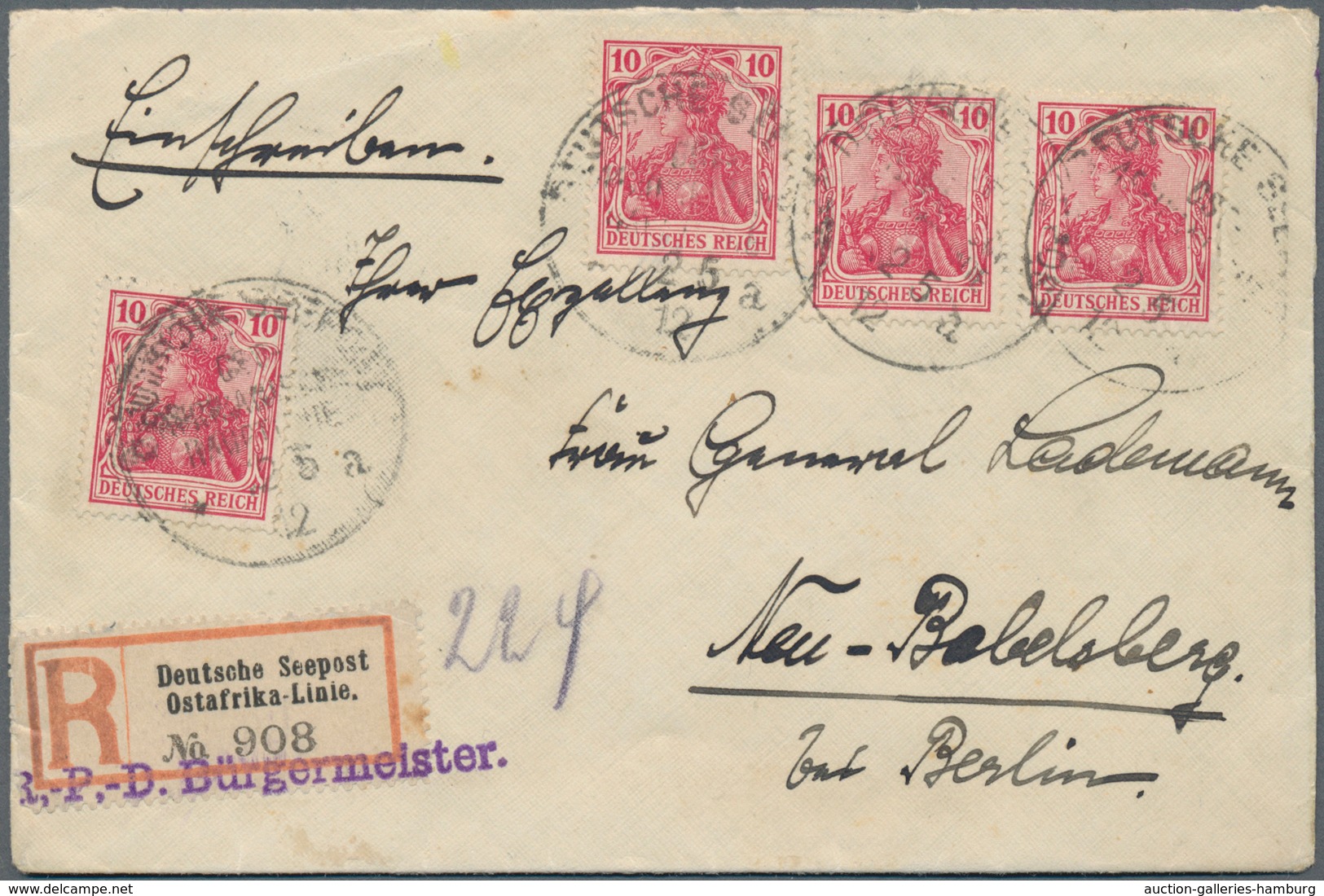 Deutsche Schiffspost Im Ausland - Seepost: 1912, 4 X 10 Pf Germania, MeF Auf Einschreibebrief Mit K1 - Otros & Sin Clasificación