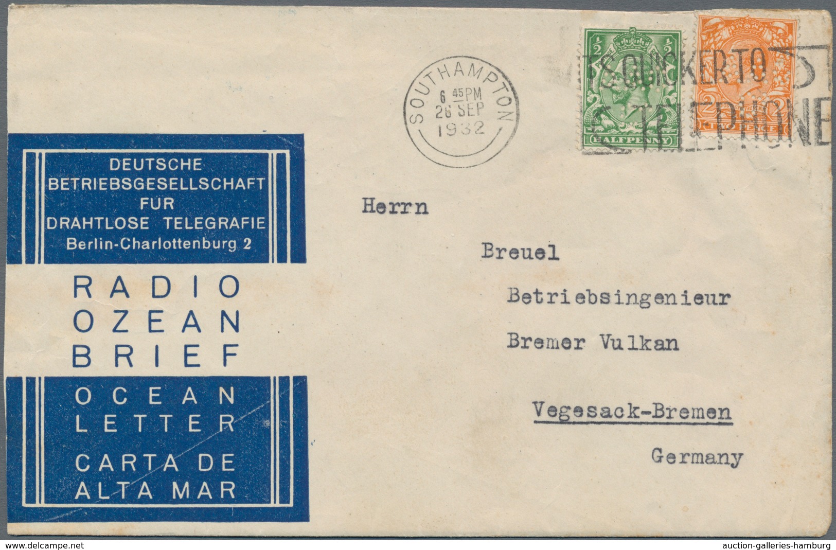 Deutsche Schiffspost Im Ausland - Seepost: 1932, 1/2 D Green And 2 D Orange KGV, Each With Perfin "A - Sonstige & Ohne Zuordnung