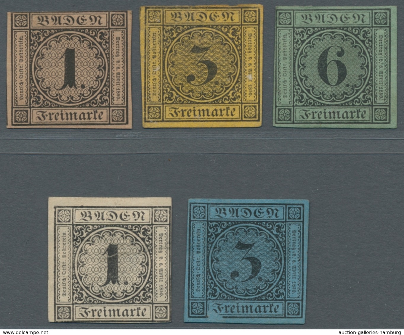 Baden - Marken Und Briefe: 1851-1858, Ziffernausgabe, Fünf Verschiedene Neudrucke Teils Mit Gummieru - Other & Unclassified