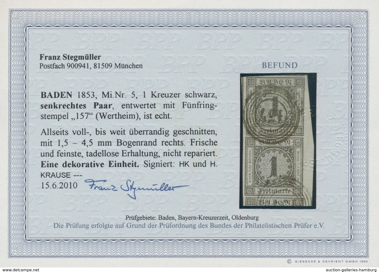 Baden - Marken Und Briefe: 1 Kr. Auf Weiß Im Senkrechten Rand-Paar Mit Rechts 1,5 - 4,5 Mm Breitem B - Otros & Sin Clasificación