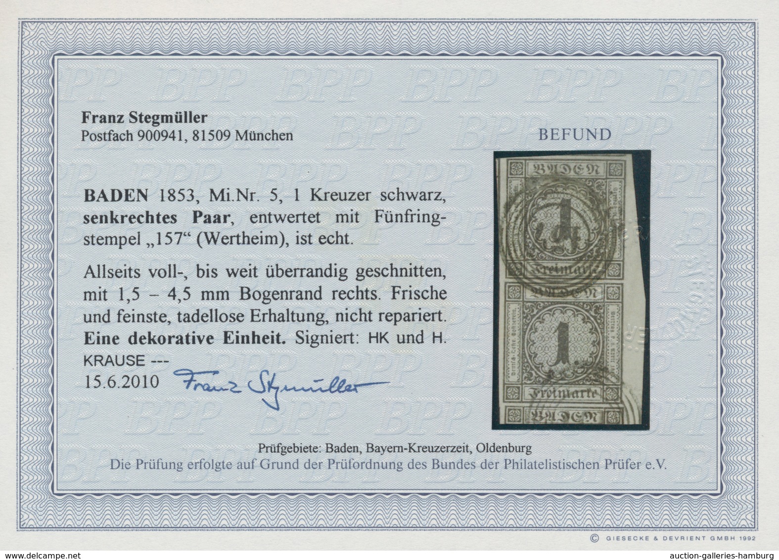 Baden - Marken Und Briefe: 1 Kr. Auf Weiß Im Senkrechten Rand-Paar Mit Rechts 1,5 - 4,5 Mm Breitem B - Other & Unclassified