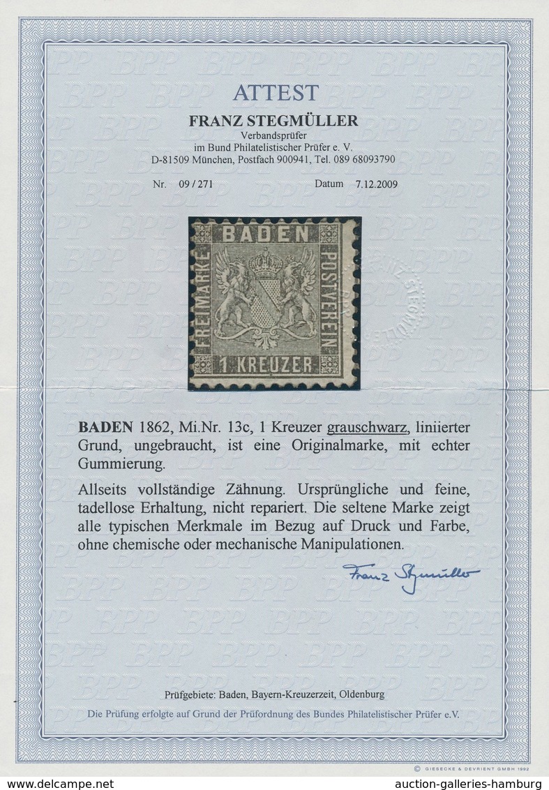 Baden - Marken Und Briefe: 1862, 1 Kr. Grauschwarz, Ungebraucht Mit Originalgummi In Vollzähniger Ka - Otros & Sin Clasificación