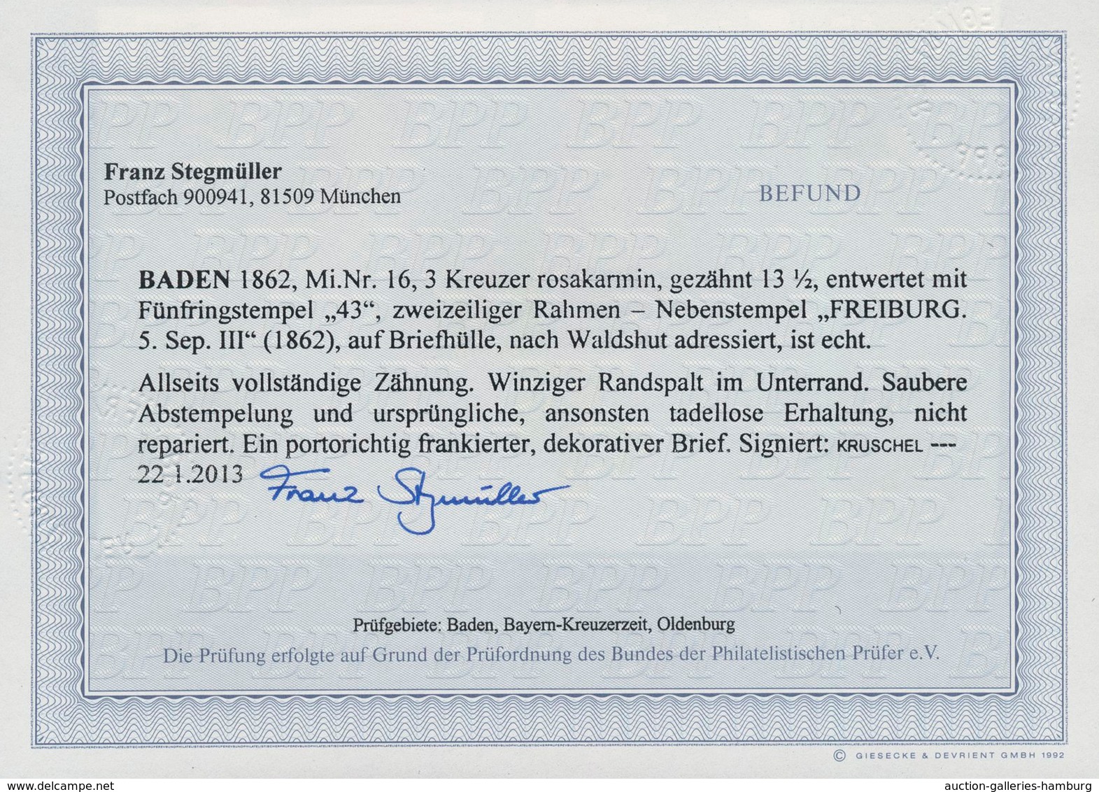 Baden - Marken Und Briefe: 1862, 3 Kreuzer Rosakarmin Entwertet Mit 4-Ringstempel "43" FREIBURG Auf - Otros & Sin Clasificación