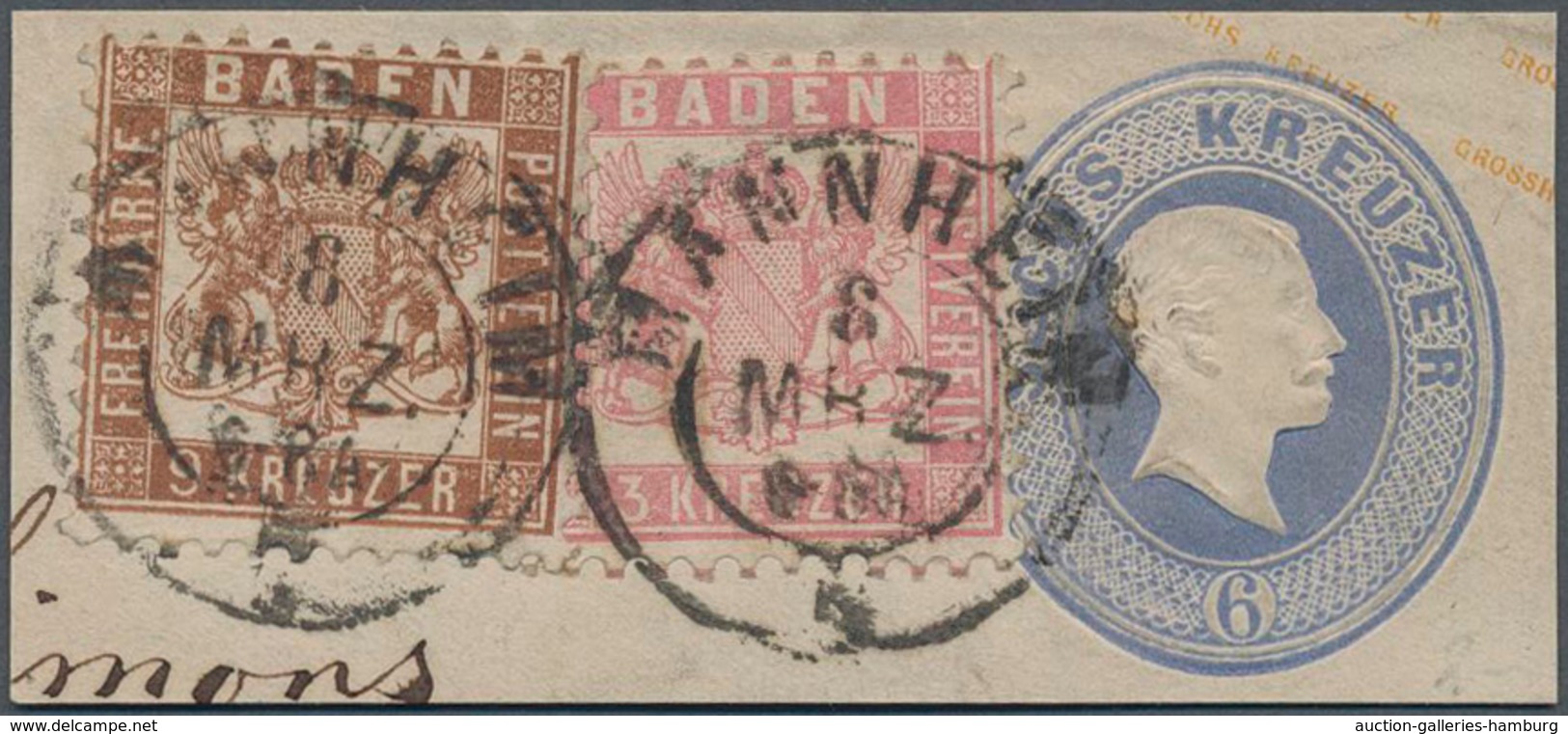 Baden - Marken Und Briefe: 1862, 9 Kr. Dunkelbraun Neben 3 Kr. Rosa Auf Ganzsachenausschnitt 6 Kr. B - Otros & Sin Clasificación