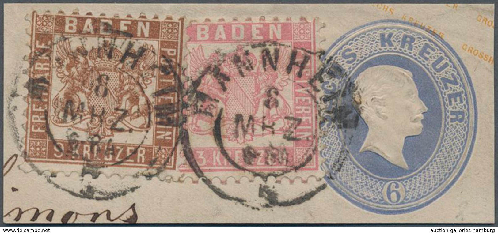 Baden - Marken Und Briefe: 1862, 9 Kr. Dunkelbraun Neben 3 Kr. Rosa Auf Ganzsachenausschnitt 6 Kr. B - Sonstige & Ohne Zuordnung