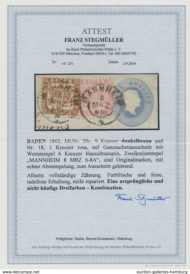 Baden - Marken Und Briefe: 1862, 9 Kr. Dunkelbraun Neben 3 Kr. Rosa Auf Ganzsachenausschnitt 6 Kr. B - Otros & Sin Clasificación