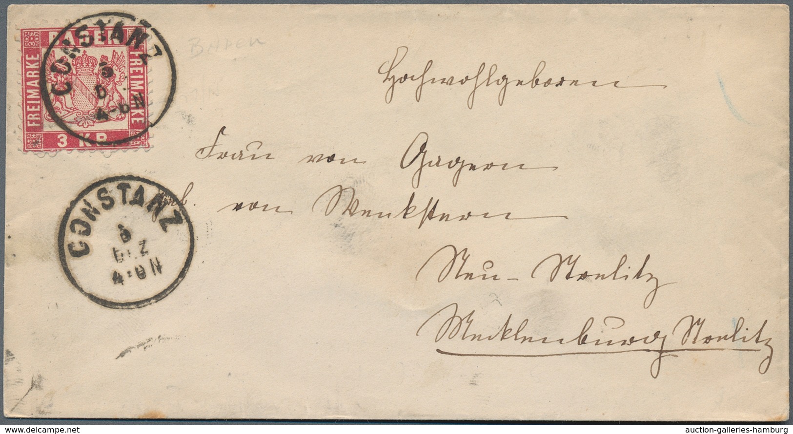 Baden - Marken Und Briefe: 1868, 3 Kreuzer Rosarot Mit Klarem K1 CONSTANZ Auf Adelsbrief Nach Neu-St - Andere & Zonder Classificatie