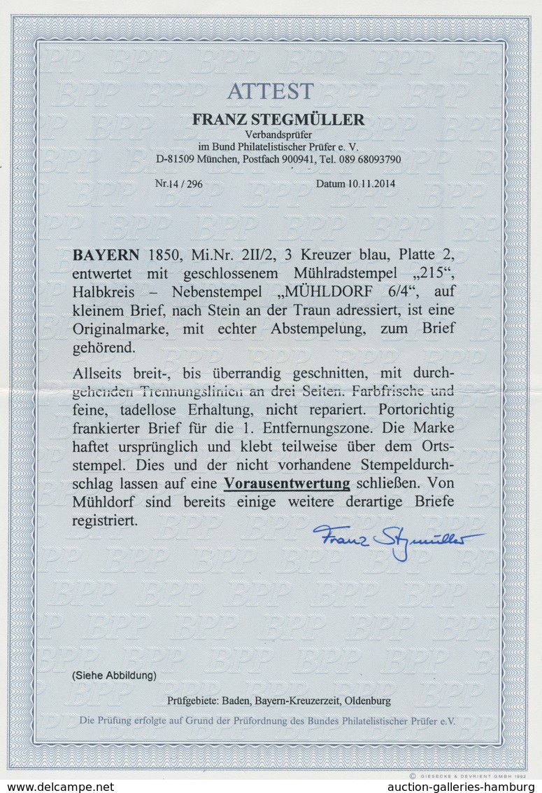 Bayern - Marken Und Briefe: 1850, 3 Kr Blau Platte 2, Allseits Breit- Bis überrandig Mit Vorausentwe - Sonstige & Ohne Zuordnung