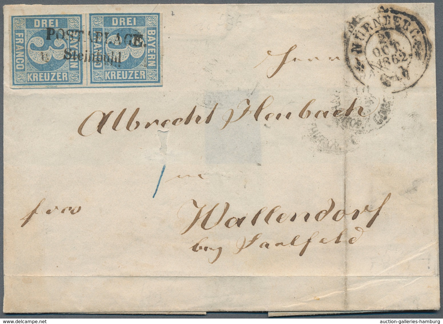 Bayern - Marken Und Briefe: 1862, 3 Kreuzer Blau Im Senkr. Paar Entwertet Mit POSTABLAGE-Stempel "ST - Sonstige & Ohne Zuordnung