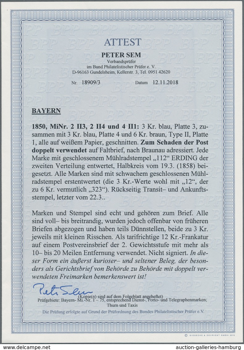 Bayern - Marken Und Briefe: 1850, 3 Kr. Blau, Platte 3 Zusammen Mit 3 Kr. Blau, Platte 4 Und 6 Kr. B - Other & Unclassified