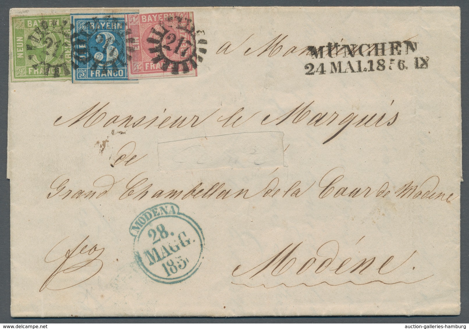 Bayern - Marken Und Briefe: 1856, 3 Kr Blau, 1 Kr Rosa Und 9 Kr Gelbgrün, Die 1 Kr Oben Angeschnitte - Sonstige & Ohne Zuordnung