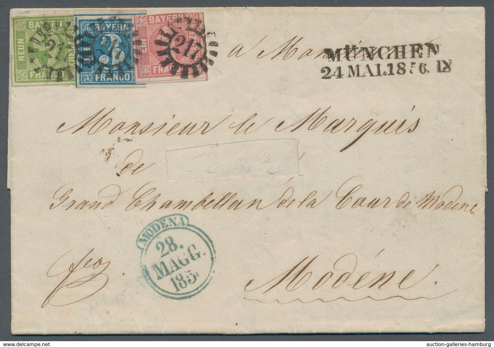 Bayern - Marken Und Briefe: 1856, 3 Kr Blau, 1 Kr Rosa Und 9 Kr Gelbgrün, Die 1 Kr Oben Angeschnitte - Other & Unclassified