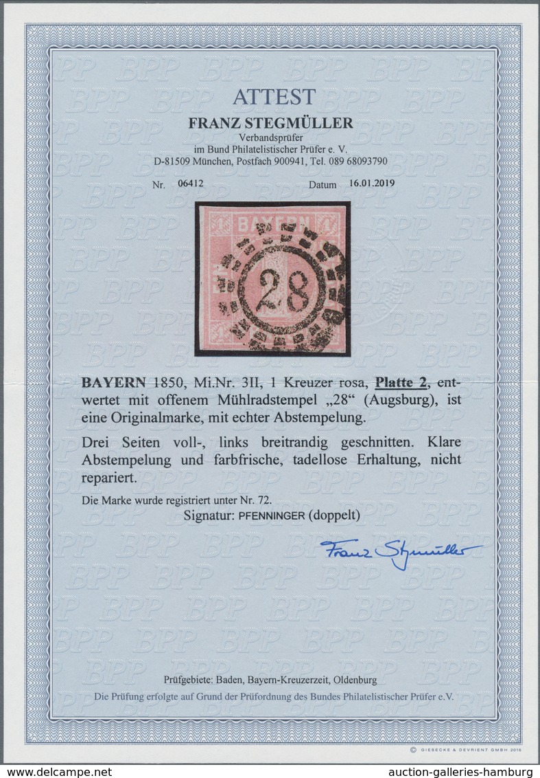 Bayern - Marken Und Briefe: 1 Kr. Rosa, Seltene Platte 2 Mit Spitzen Ecken, Farbfrisch Und Ringsum V - Other & Unclassified