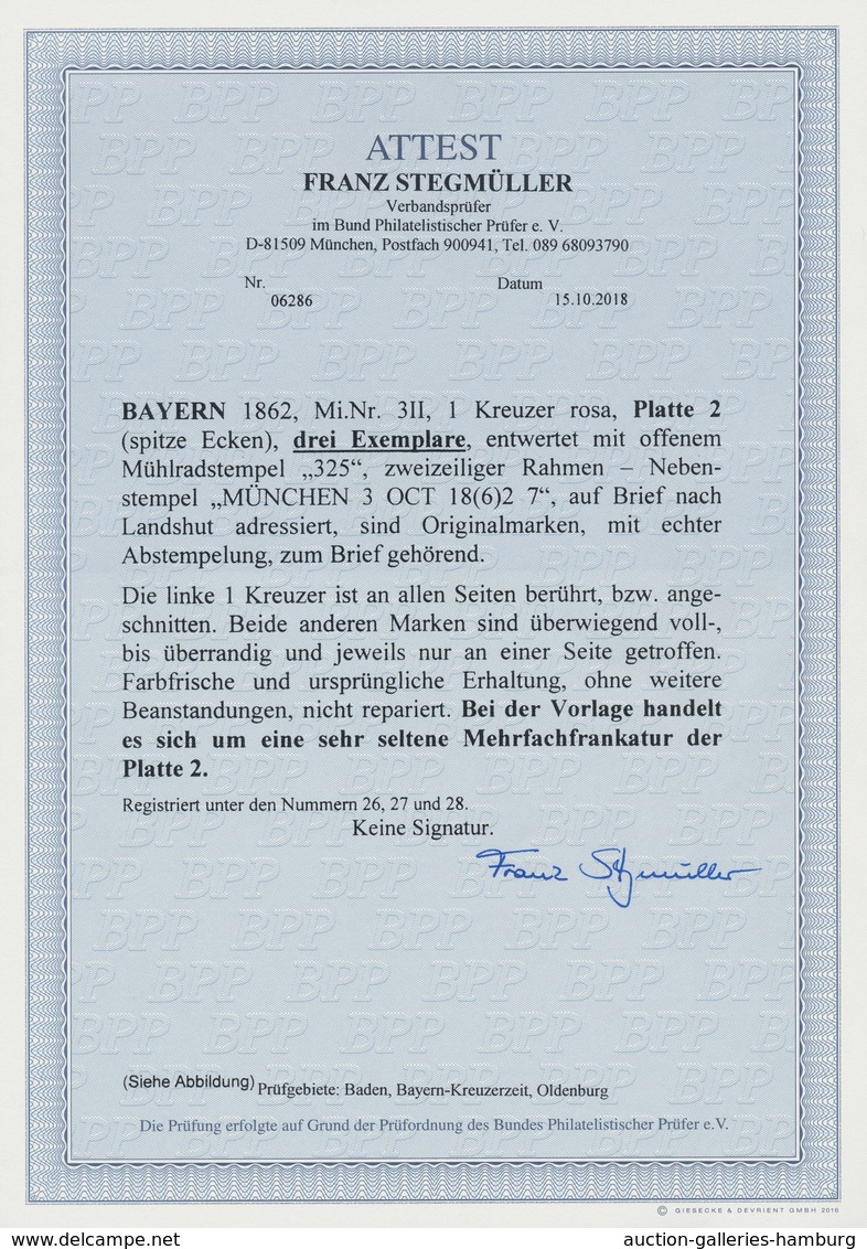 Bayern - Marken Und Briefe: 1850, 1 Kr. Rosa, Platte 2 Mit Spitzen Ecken, Drei Exemplare, Entwertet - Andere & Zonder Classificatie