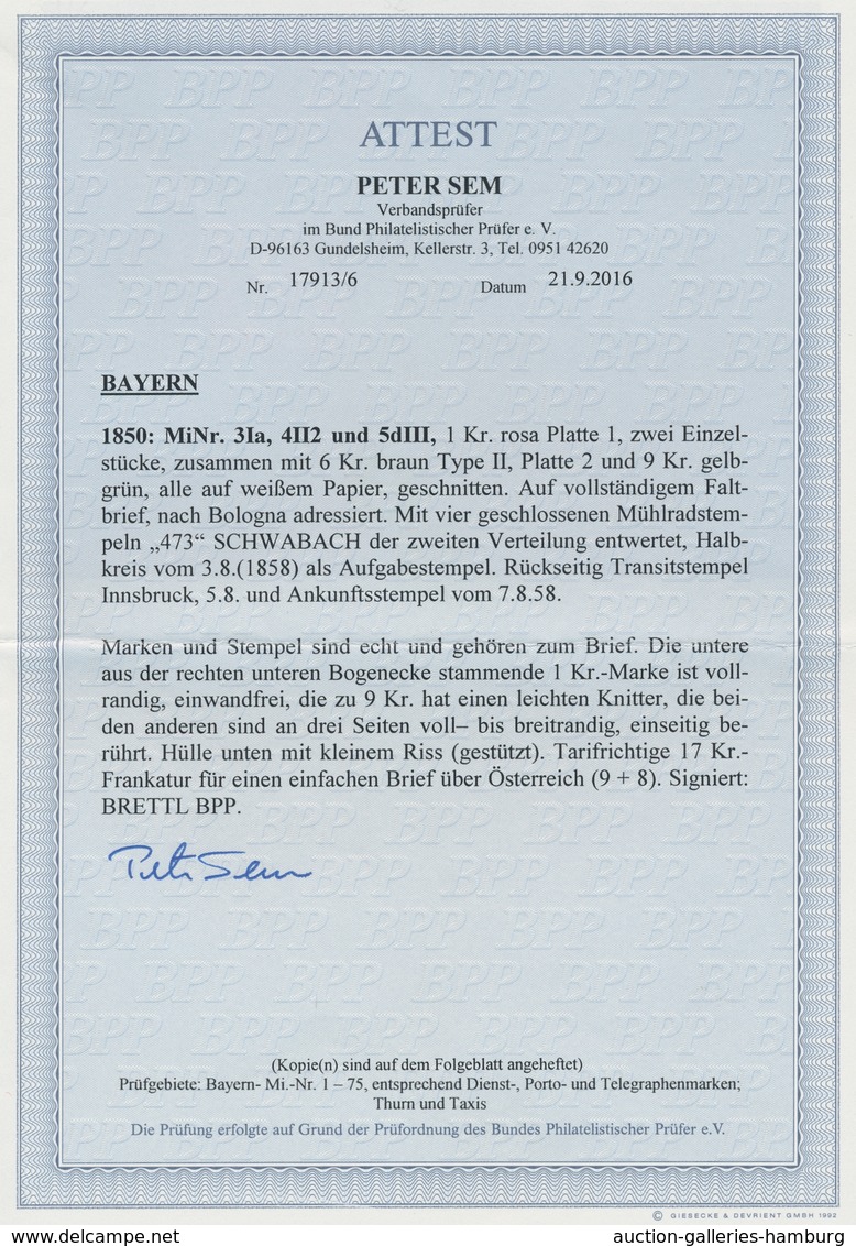 Bayern - Marken Und Briefe: 1858, 1 Kr Rosa Platte 1, Zwei Einzelwerte, Zusammen Mit 6 Kr Braun Und - Sonstige & Ohne Zuordnung