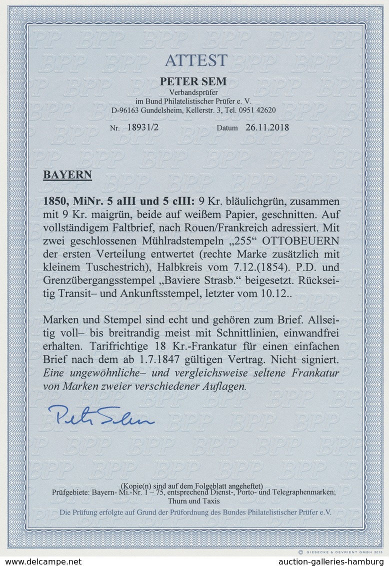 Bayern - Marken Und Briefe: 1850, 9 Kr BLAULICHGRÜN Zusammen Mit 9 Kr MAIGRÜN (beide Breitrandig Und - Autres & Non Classés