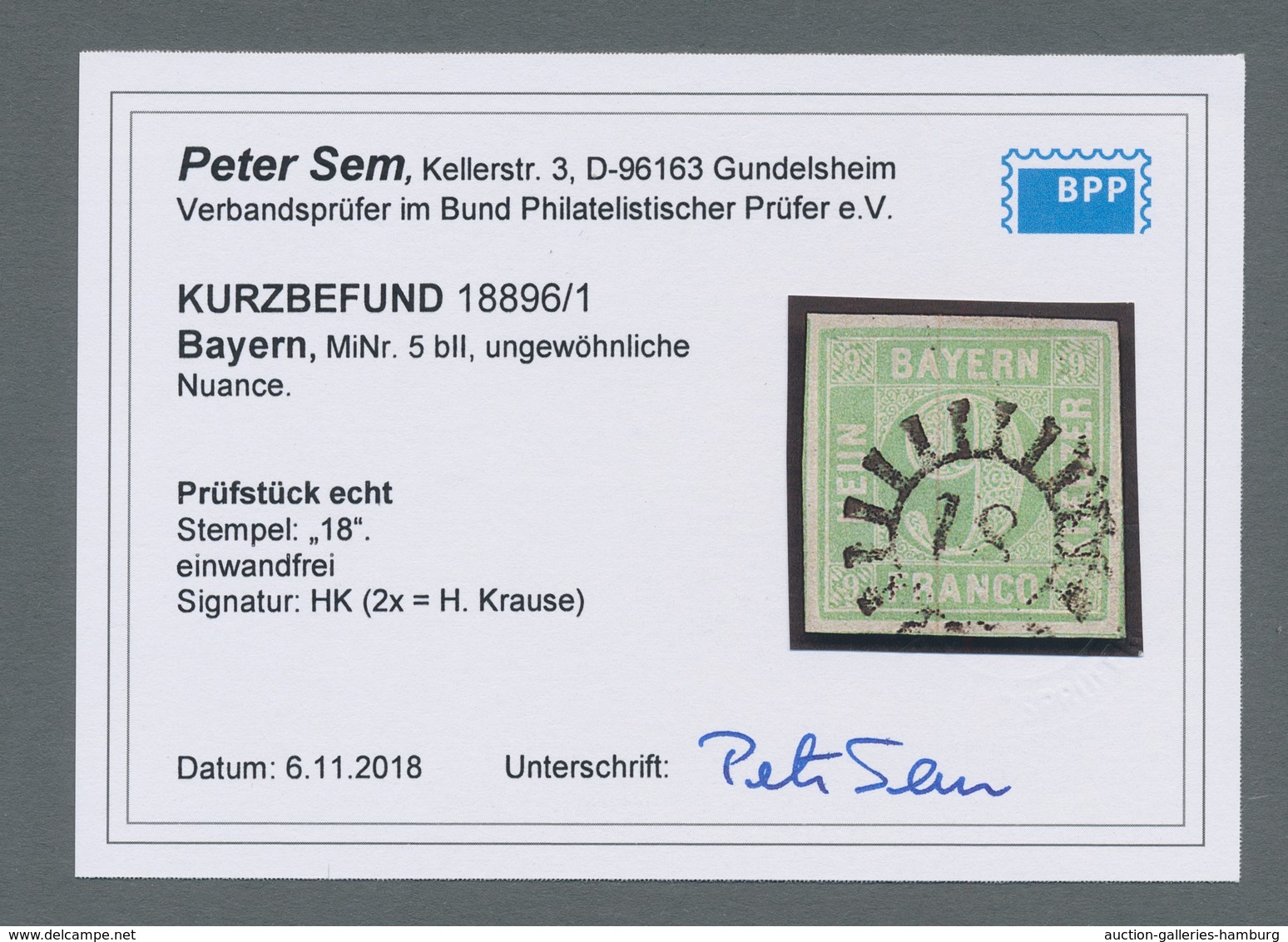Bayern - Marken Und Briefe: 1853, "9 Kr. Blaugrün In Type II", Farbfrischer Wert Mit Zentralem GMR " - Sonstige & Ohne Zuordnung