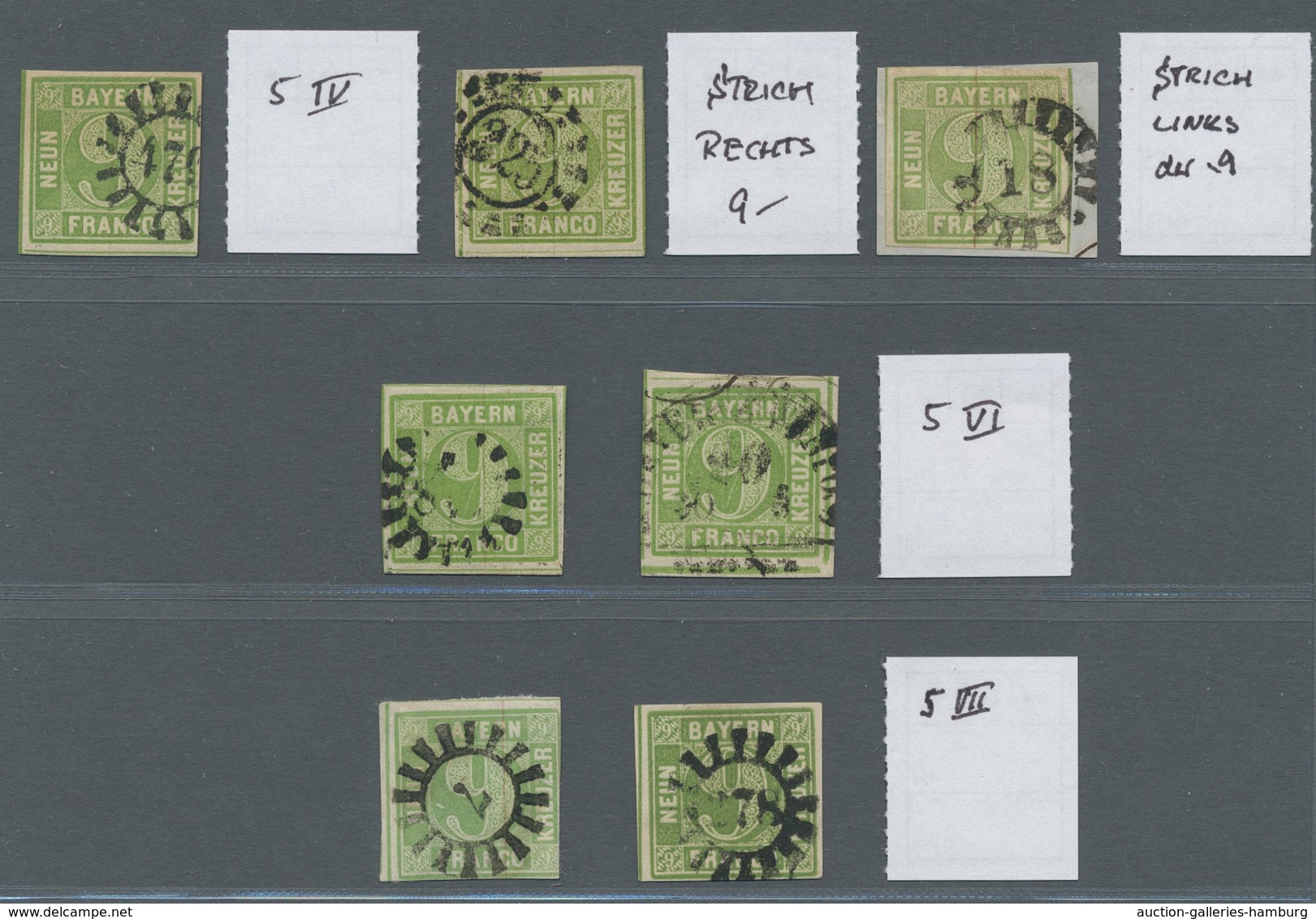 Bayern - Marken Und Briefe: 1850, 9 Kreuzer Gelbgrün Plattenfehlerpartie Von 7 Gestempelten Werten D - Autres & Non Classés