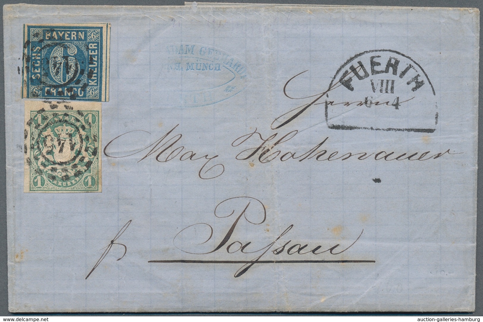 Bayern - Marken Und Briefe: 1868, 6 Kr Blau Und 1 Kreuzer Grün Klar Entwertet Mit "145" OMR Und Beig - Sonstige & Ohne Zuordnung