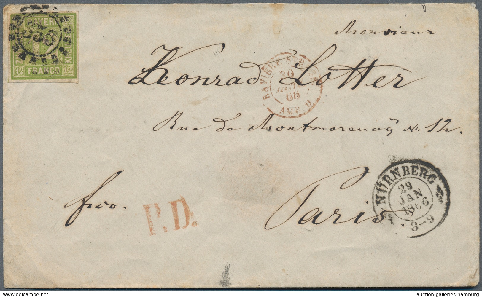 Bayern - Marken Und Briefe: 1866, 12 Kreuzer Grün Entwertet Mit GMr "356" Nürnberg Auf Brief Nach Pa - Otros & Sin Clasificación