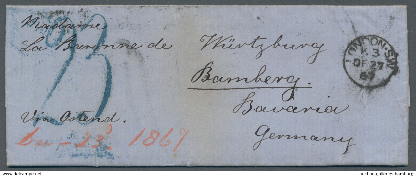 Bayern - Marken Und Briefe: 1867, Incoming Mail: "23" (Kr.), Blauer Taxstempel Von Aachen Auf Faltbr - Otros & Sin Clasificación