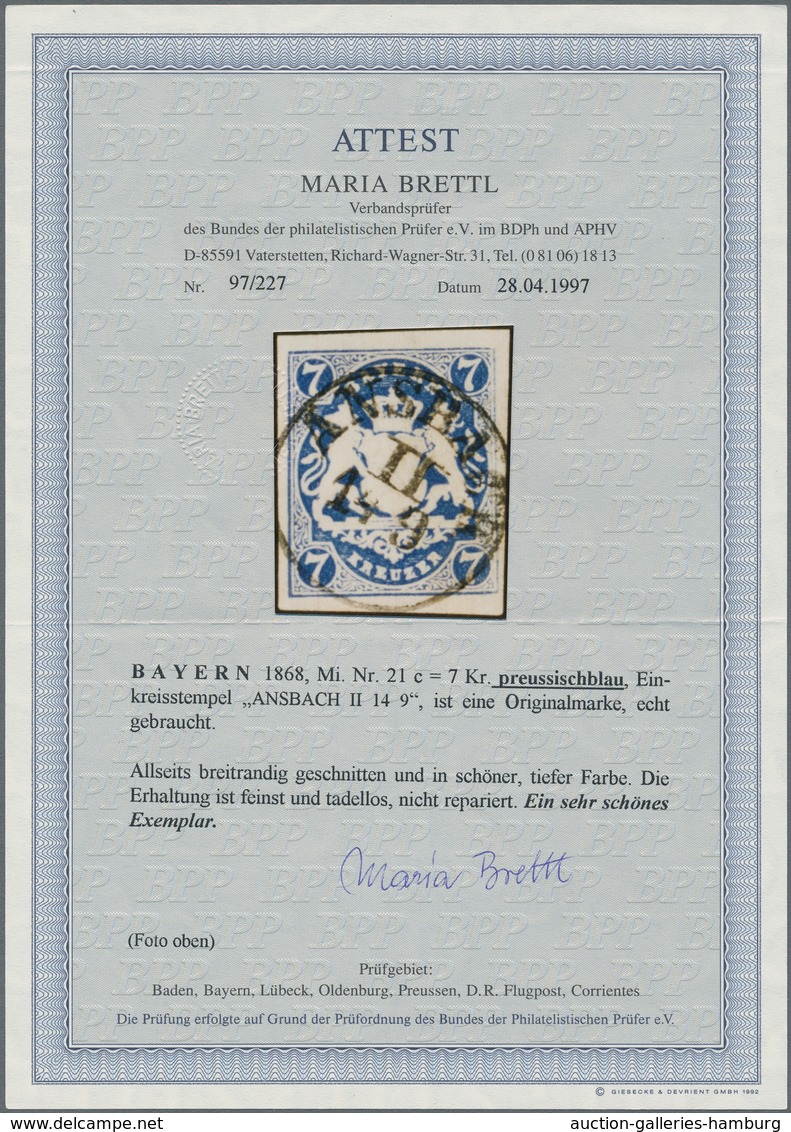 Bayern - Marken Und Briefe: 1868, 7 Kr. In Seltener Farbe PREUSSISCHBLAU, Allseits Breitrandig Gesch - Otros & Sin Clasificación