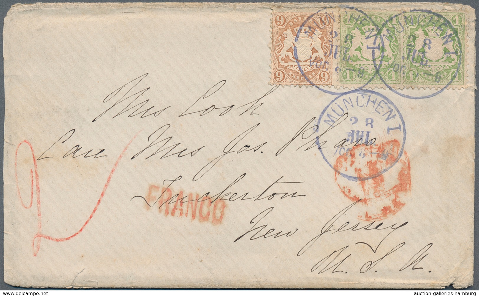 Bayern - Marken Und Briefe: 1873/1875, 2 Stück 1 Kr Grün Und 9 Kr Braun Entwertet Mit Graublauem K1 - Sonstige & Ohne Zuordnung