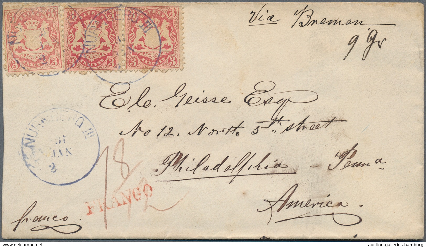 Bayern - Marken Und Briefe: 1870, 3 Kreuzer Lilarot (2 Farbnuancen) Entwertet Mit Graublauem K1 NÜRN - Other & Unclassified