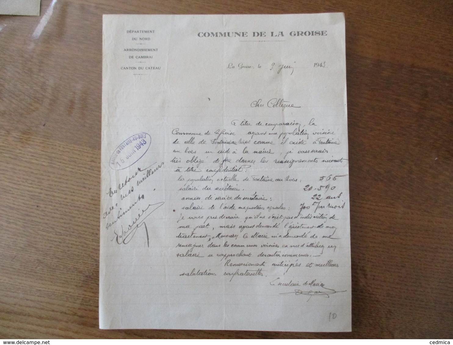 LA GROISE COURRIER DU 9 JUIN 1943 LE SECRETAIRE DE MAIRIE A SON COLLEGUE DE FONTAINE AU BOIS - Manuscrits