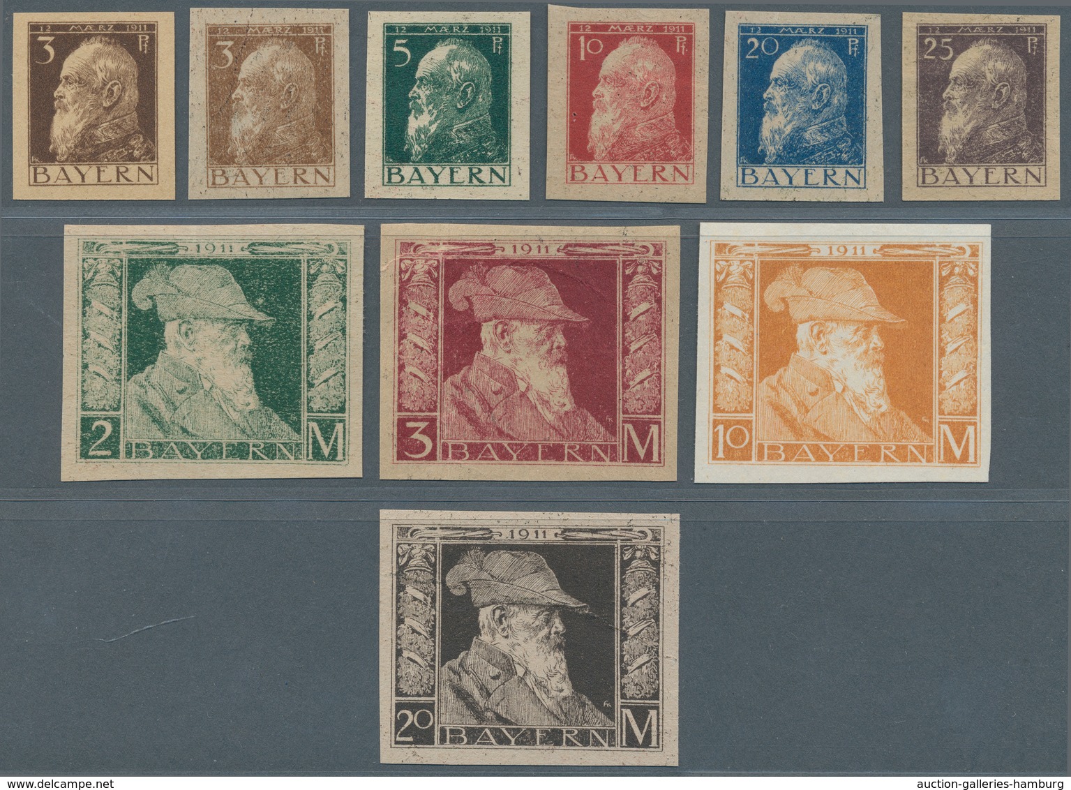 Bayern - Marken Und Briefe: 1911, 10 Ungezähnte Farb-Probedrucke Von 3 Pf. Bis 25 Pf. Und 2 M, 3 M, - Andere & Zonder Classificatie