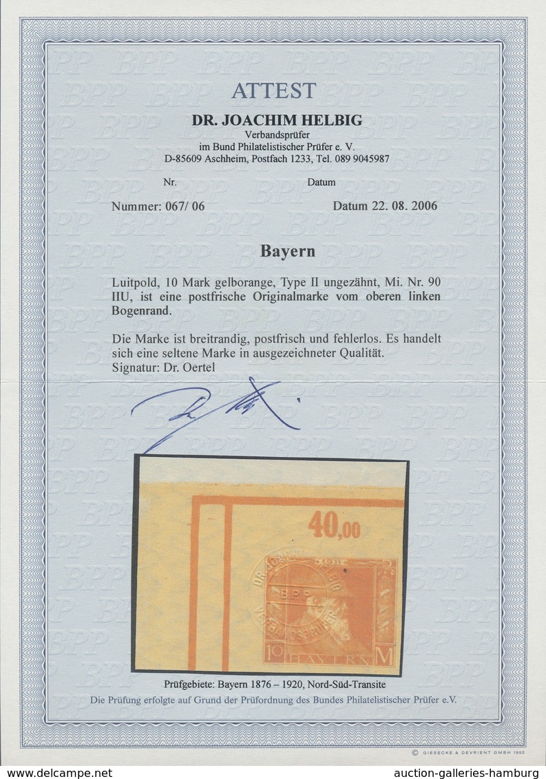 Bayern - Marken Und Briefe: 1911, 10 Mk Luitpold Ungezähnt, Postfrische Linke Obere Bogenecke (!) In - Other & Unclassified