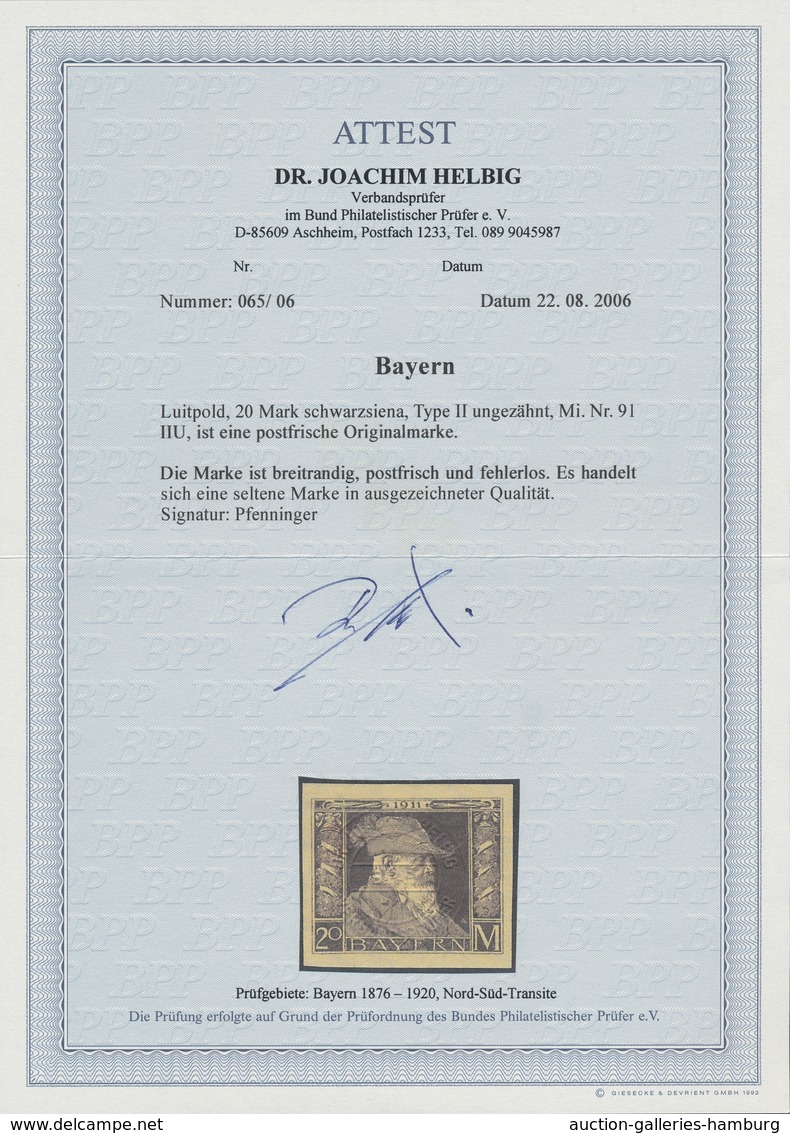 Bayern - Marken Und Briefe: 1911, 20 Mk Luitpold Ungezähnt, Postfrisch In Breitrandiger Luxuserhaltu - Other & Unclassified