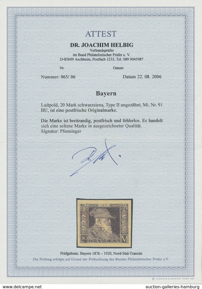 Bayern - Marken Und Briefe: 1911, 20 Mk Luitpold Ungezähnt, Postfrisch In Breitrandiger Luxuserhaltu - Altri & Non Classificati