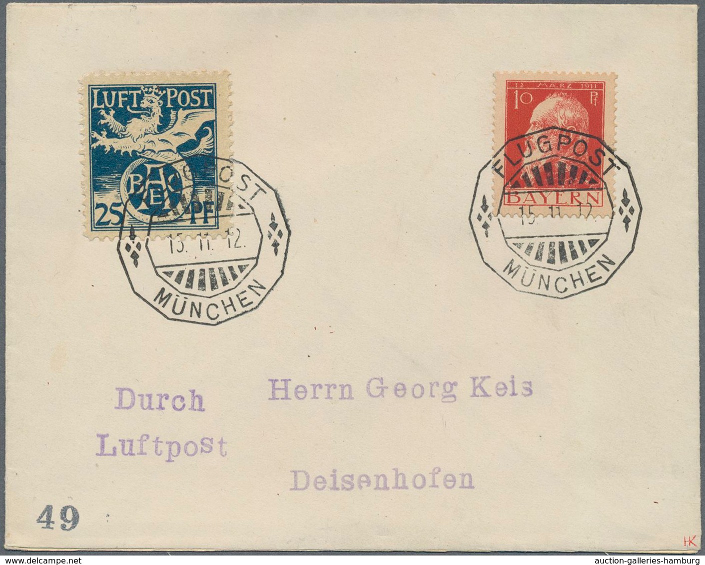 Bayern - Marken Und Briefe: 1912, Halbamtl. FLUGPOST: 25 Pf Dunkelpreußischblau In MiF Mit Luitpold - Altri & Non Classificati