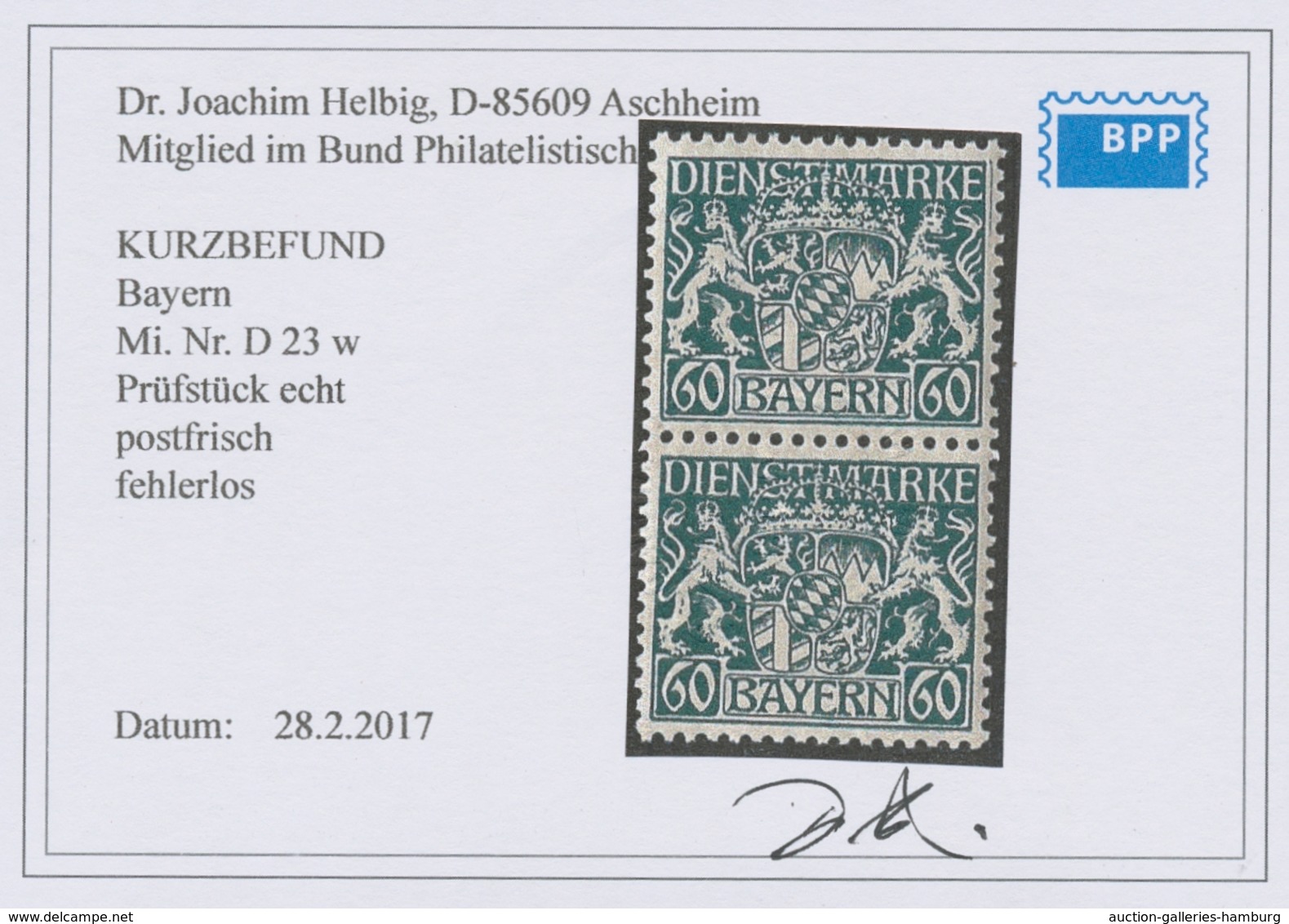 Bayern - Dienstmarken: 1916, 60 Pfennig Schwarzbläulichgrün In Papiervariante W Im Senkrechten Leich - Andere & Zonder Classificatie