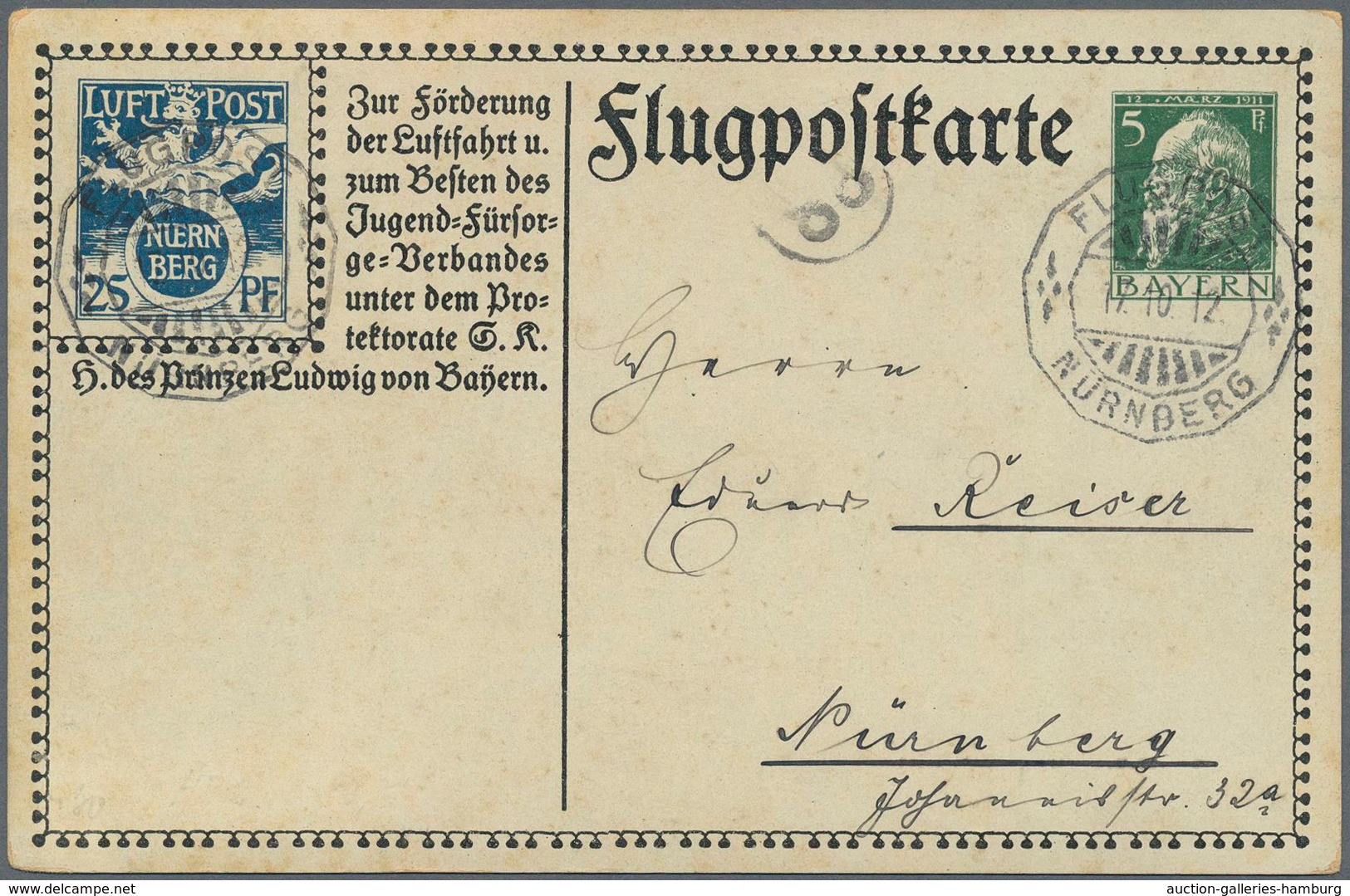 Bayern - Ganzsachen: 1912, 5 Pf Grün Flugpostkarte Mit Alpenkette, Sauber Gestempelt München Und Des - Sonstige & Ohne Zuordnung