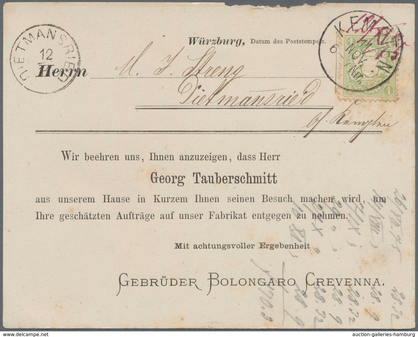 Bayern - Ortsstempel: KEMPTEN: 1869, 4 interessante Drucksachen aus Kempten mit 4 verschiedenen Stem