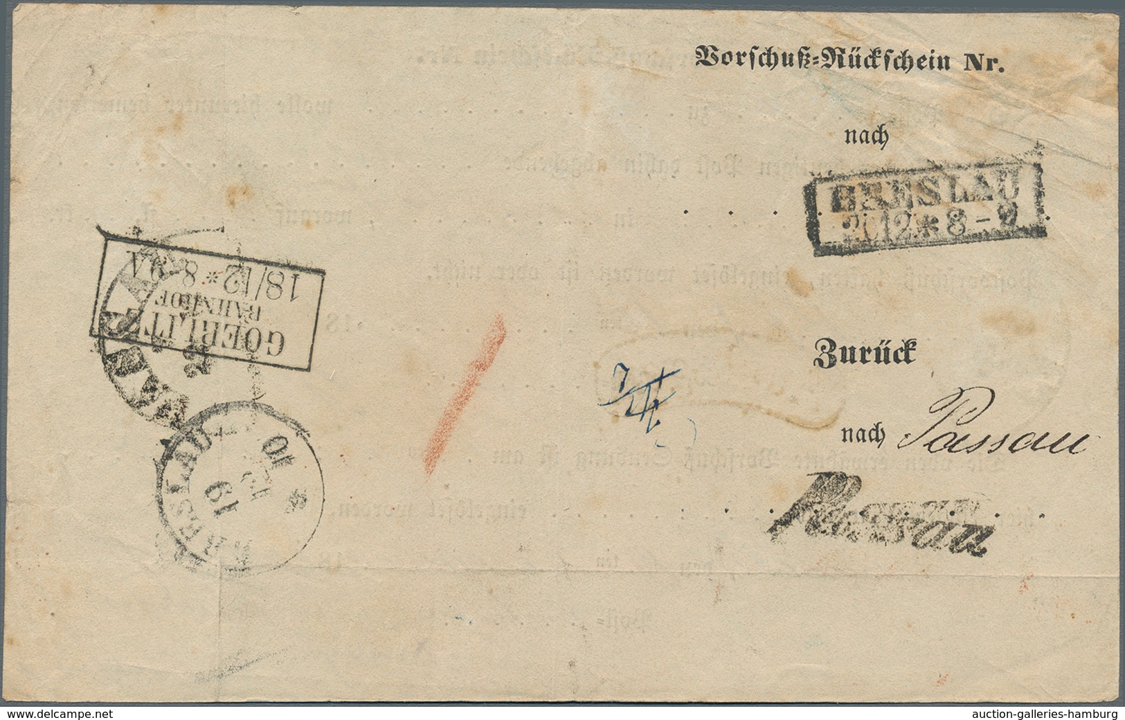 Bayern - Besonderheiten: 1863, "Vorschuß-Rückschein" Mit HKr PASSAU Und Rotem Nierenstempel "Auslage - Otros & Sin Clasificación
