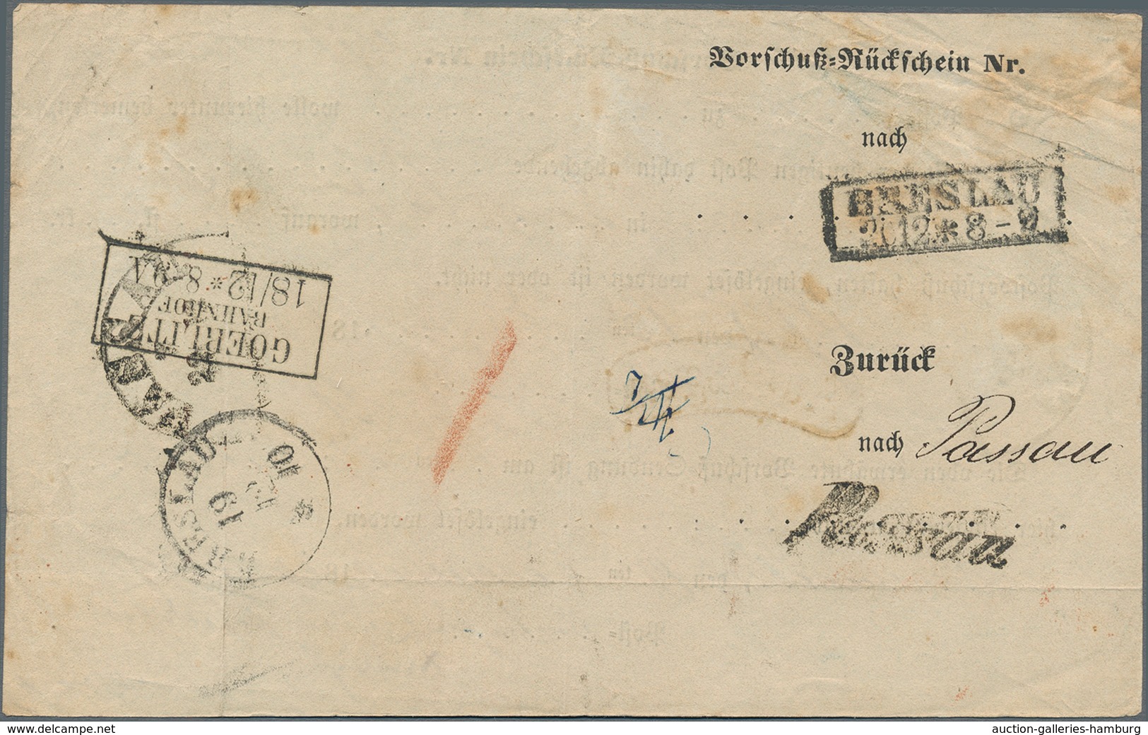 Bayern - Besonderheiten: 1863, "Vorschuß-Rückschein" Mit HKr PASSAU Und Rotem Nierenstempel "Auslage - Autres & Non Classés