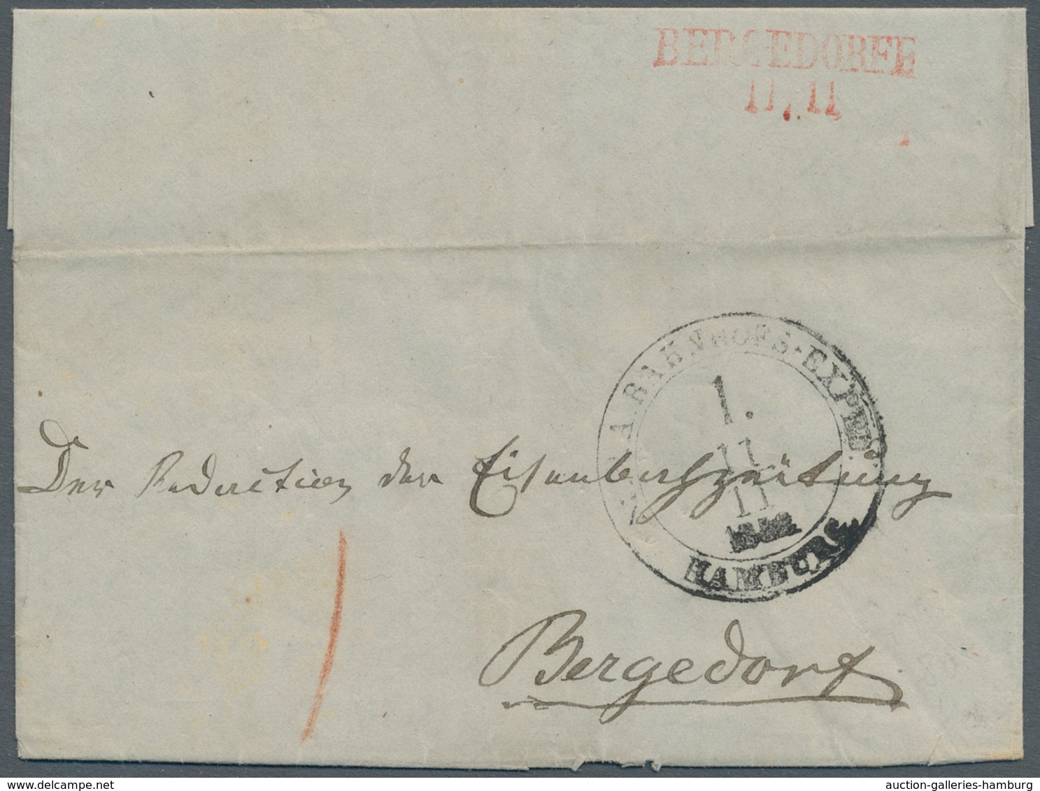Bergedorf - Vorphilatelie: 1852, "BERGEDORFF 11 11" Seltener Roter Ankunfts-L2 Rs. Auf Faltbrief Mit - Vorphilatelie