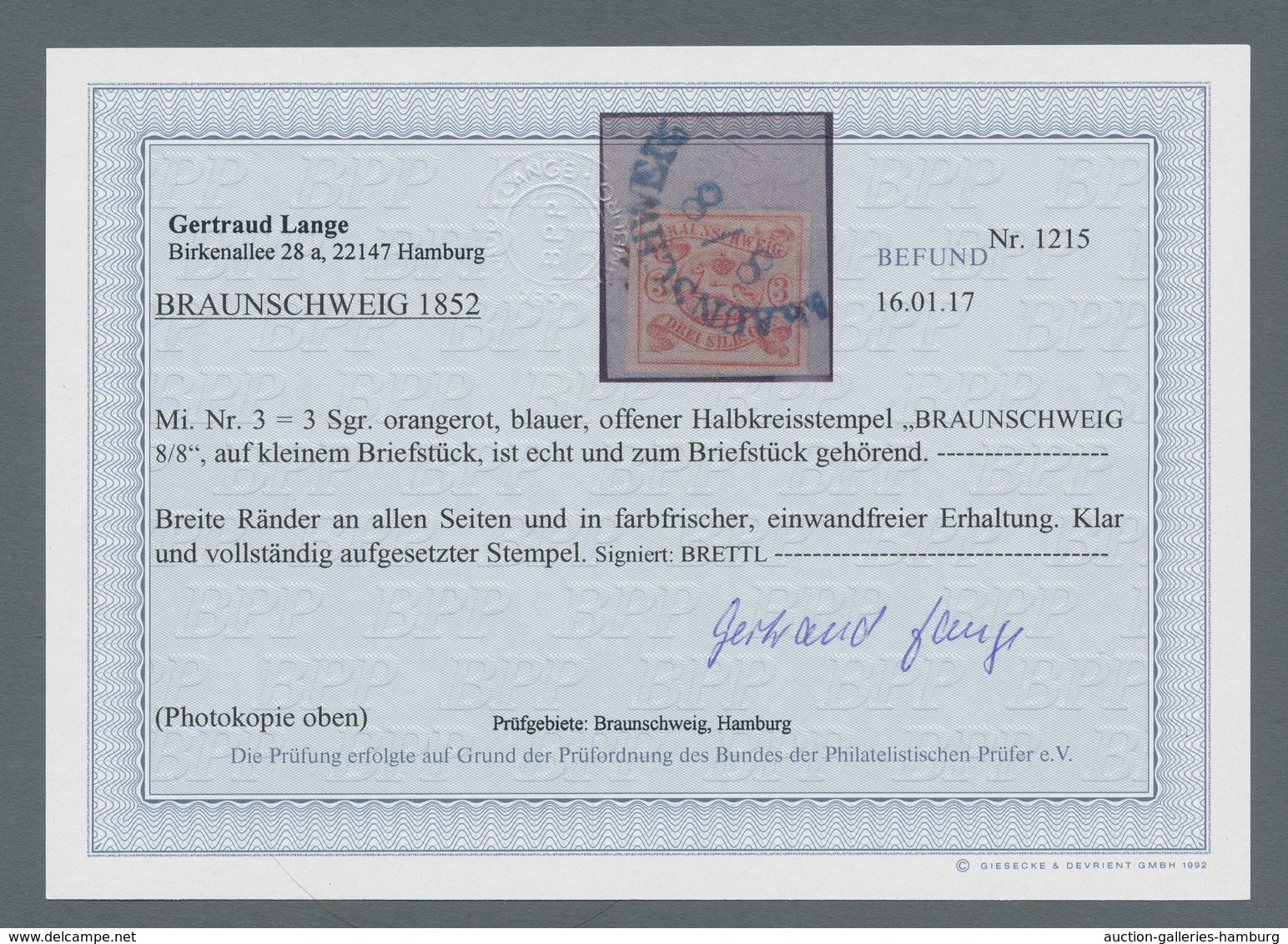 Braunschweig - Marken Und Briefe: 1852, 3 Sgr Orangerot, Farbfrisch Und Ringsum Breitrandig Mit Voll - Brunswick