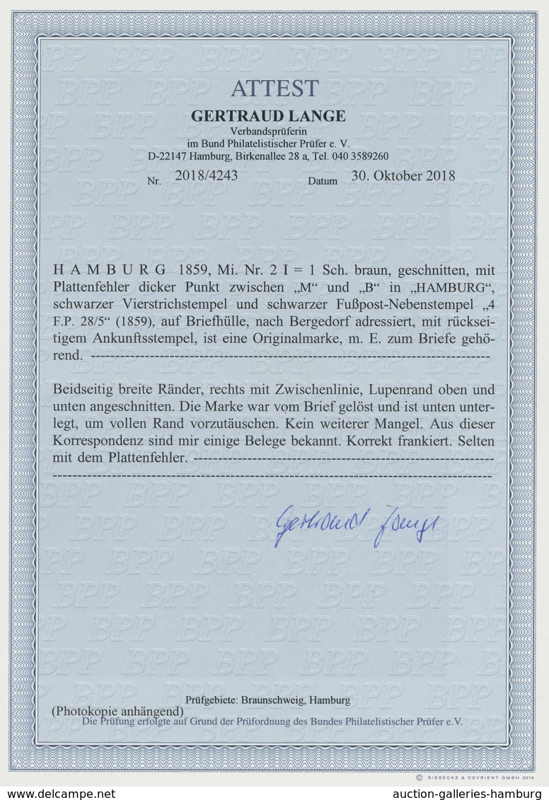 Hamburg - Marken Und Briefe: 1859, "1 S. Dunkelbraun Mit Plattenfehler I", Farbfrischer Wert Mit Sel - Hambourg