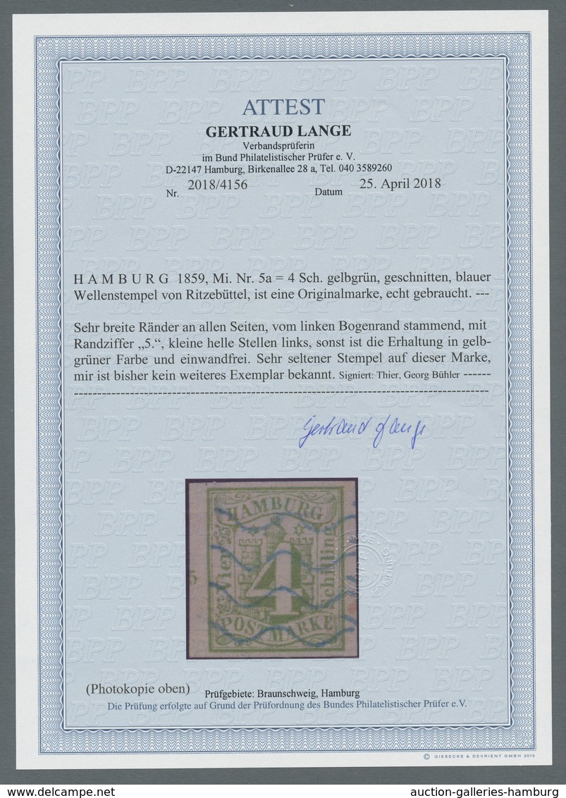 Hamburg - Marken Und Briefe: 1859, "4 Schilling Gelbgrün, Geschnitten", Besonders Farbfrischer Wert - Hamburg